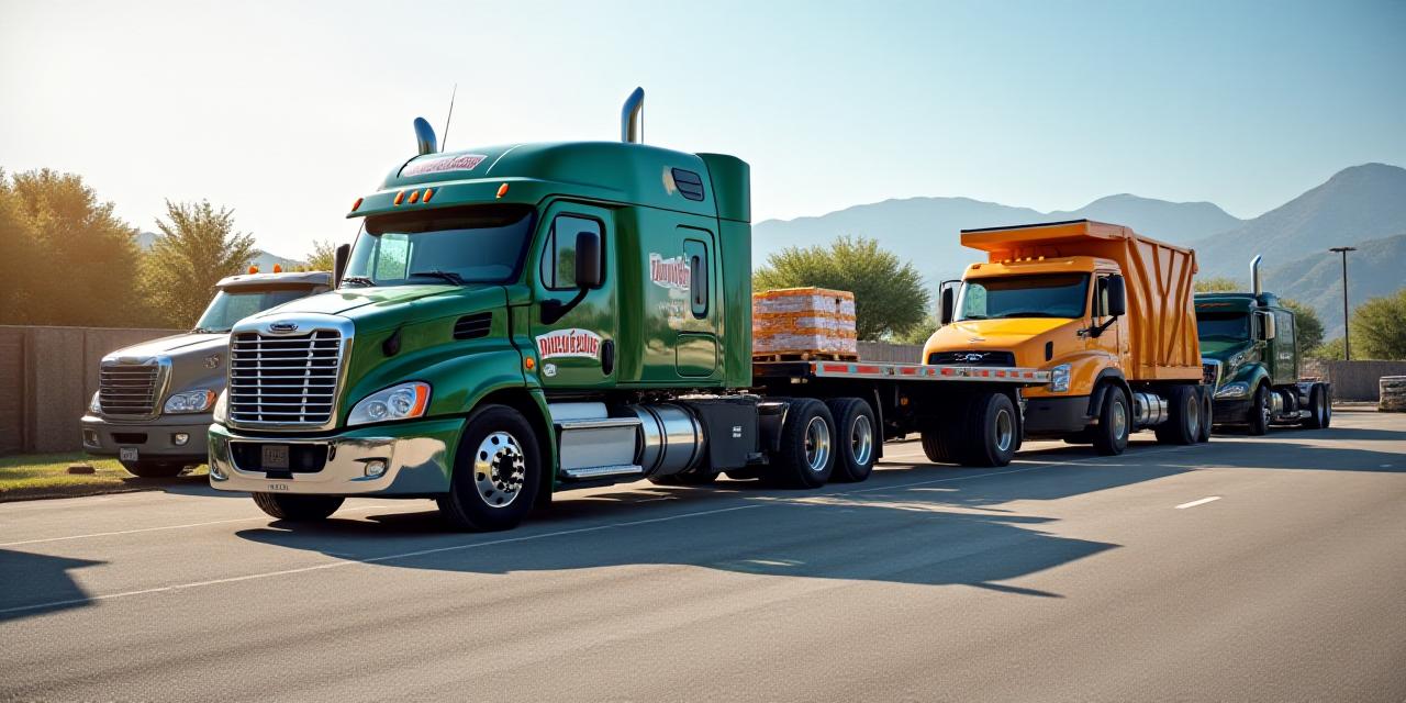 Fleet of delivery trucks, including a flatbed and a dump truck