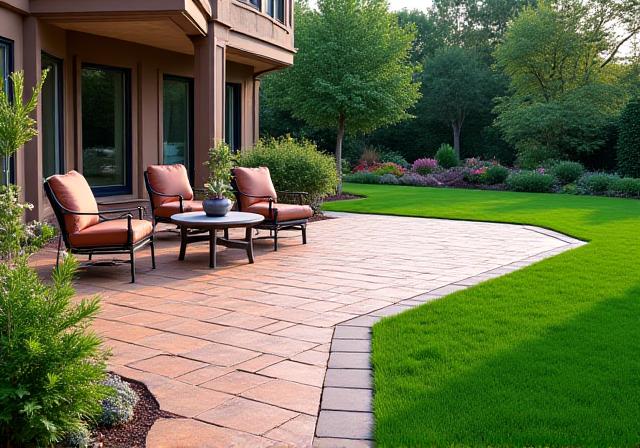 Beautiful backyard hardscape patio with new pavers